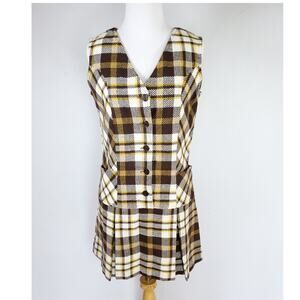 Vintage 1960s Drop Waist Dress Belted Brown Plaid Sleeveless Pleated Skirt 9/10